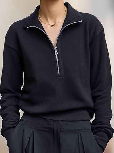 Jade - Pullover Minimalista con Mezzo Zip e Set di Pantaloni Plissettati a Gamba Larga