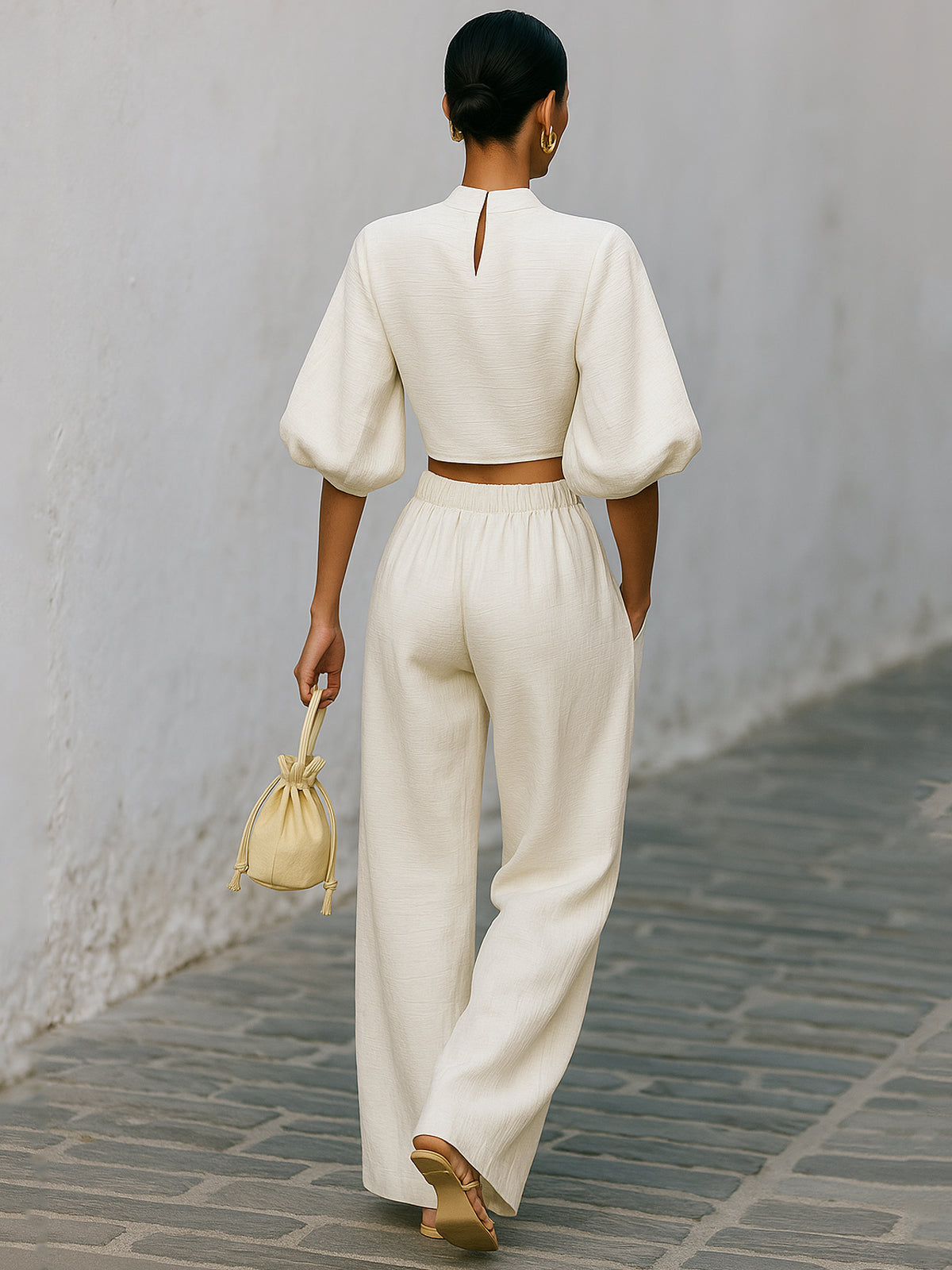 Glowy - Set con Maniche a Lanternino in Tessuto Bianco Crema