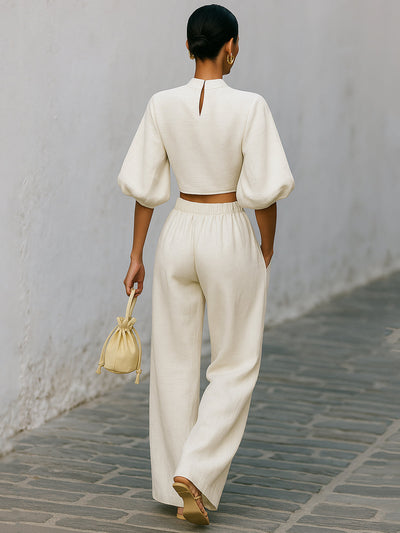 Glowy - Set con Maniche a Lanternino in Tessuto Bianco Crema