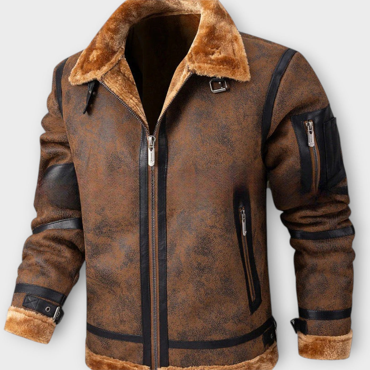 Giacca calda da aviatore in pelle invecchiata foderata in pelliccia