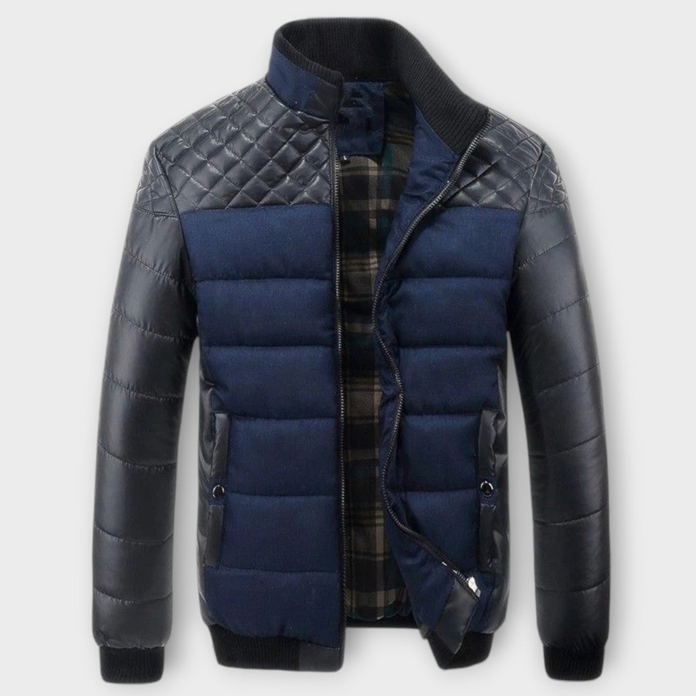 Giacca trapuntata bicolore in pelle e tessuto